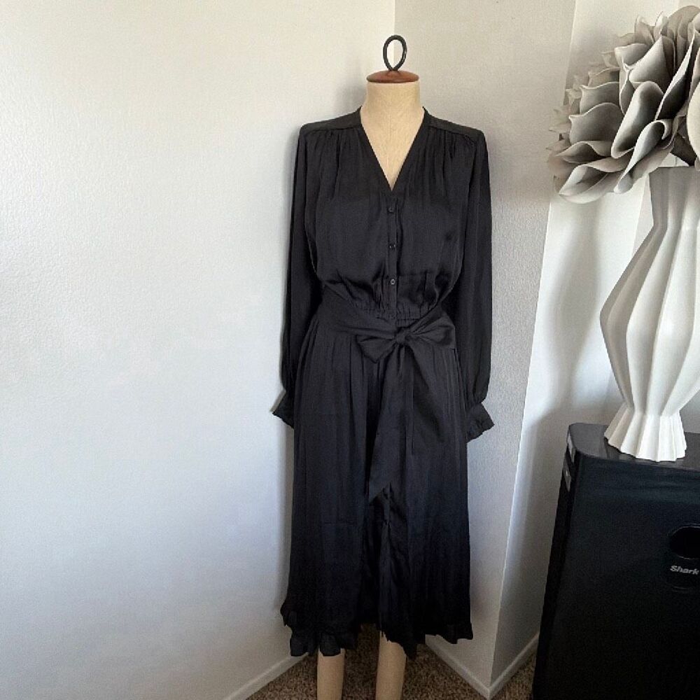The Kooples Satin Midi Belted Dress Buttons Up Size 1